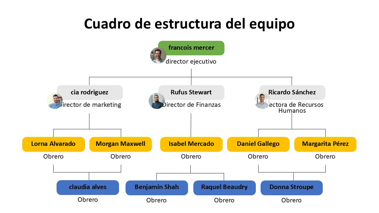 Plantilla de diapositivas de PowerPoint y Google: gráfico de estructura del equipo
