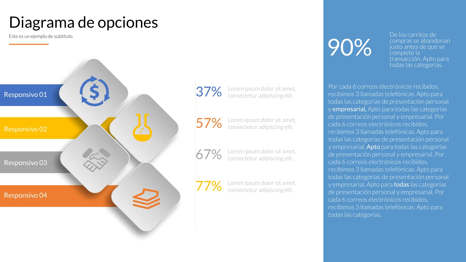 Plantilla de PowerPoint con infografías de 4 filas para visualización de datos
