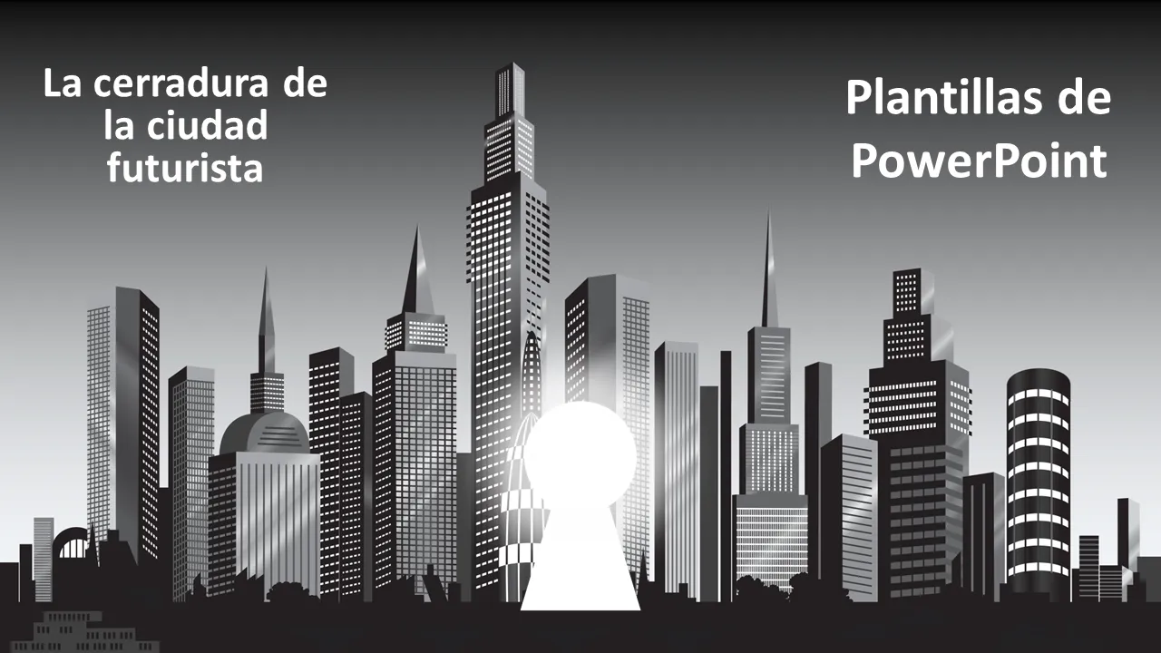 Plantillas de PowerPoint con forma de ojo de cerradura de ciudad futurista
